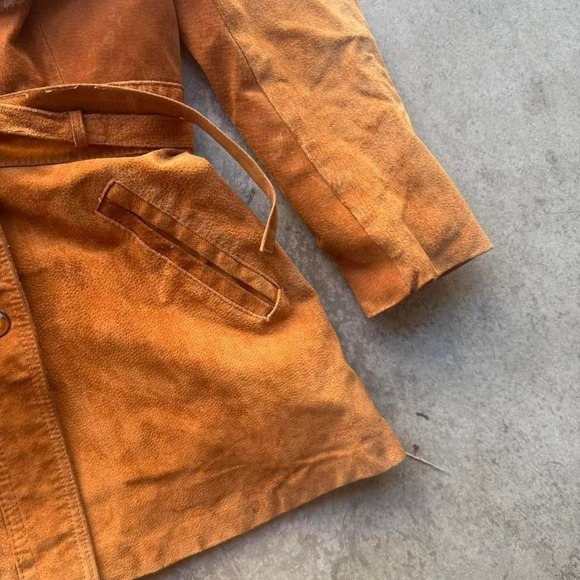 Vintage 70s Brown Suede Leather Shearling Fur Collar Coat Boho Grunge - Picture 3 of 7